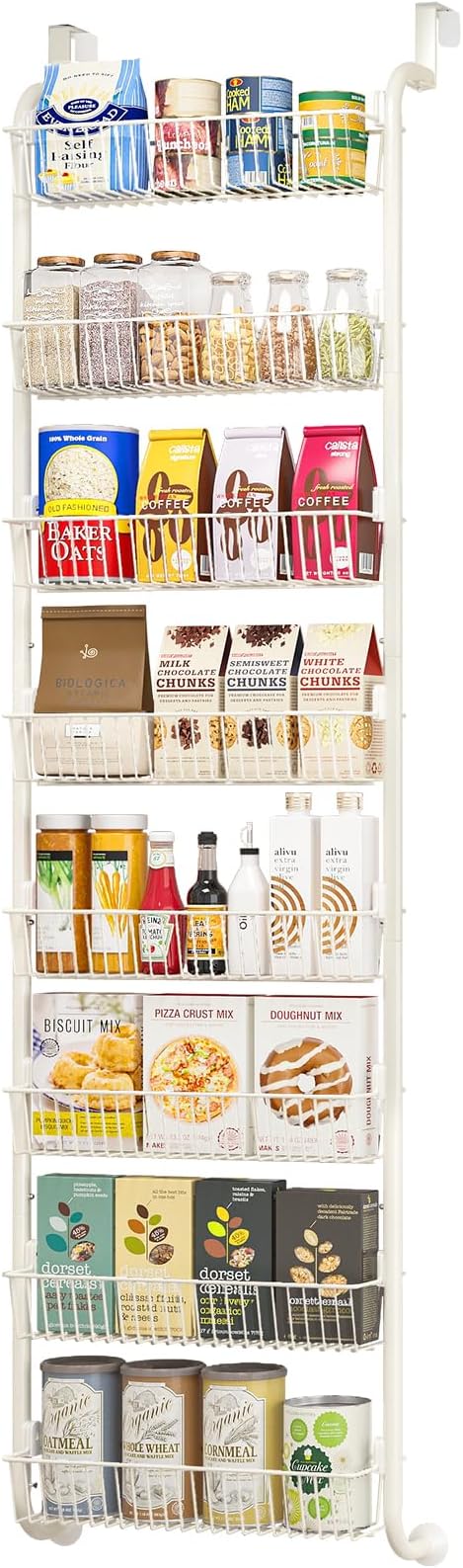 Over the Door Pantry Organizers and Storage, 8-Tier Spice Rack, Home & Kitchen Storage Shelves for Cabinet, Large Capacity Hanging Seasoning Organizer, Laundry Room Organization, White