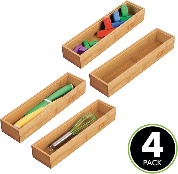 mDesign Drawer Organiser – Rectangular Bamboo Kitchen Drawer Divider – Stackable Drawer Separator for Cutlery and Kitchen Utensils – Set of 4 – Natural