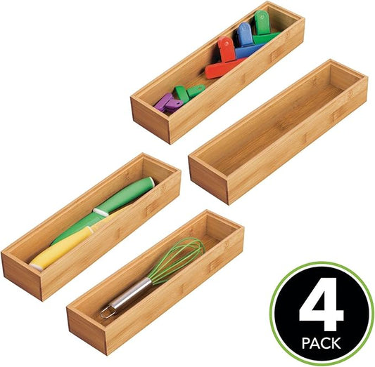 mDesign Drawer Organiser – Rectangular Bamboo Kitchen Drawer Divider – Stackable Drawer Separator for Cutlery and Kitchen Utensils – Set of 4 – Natural