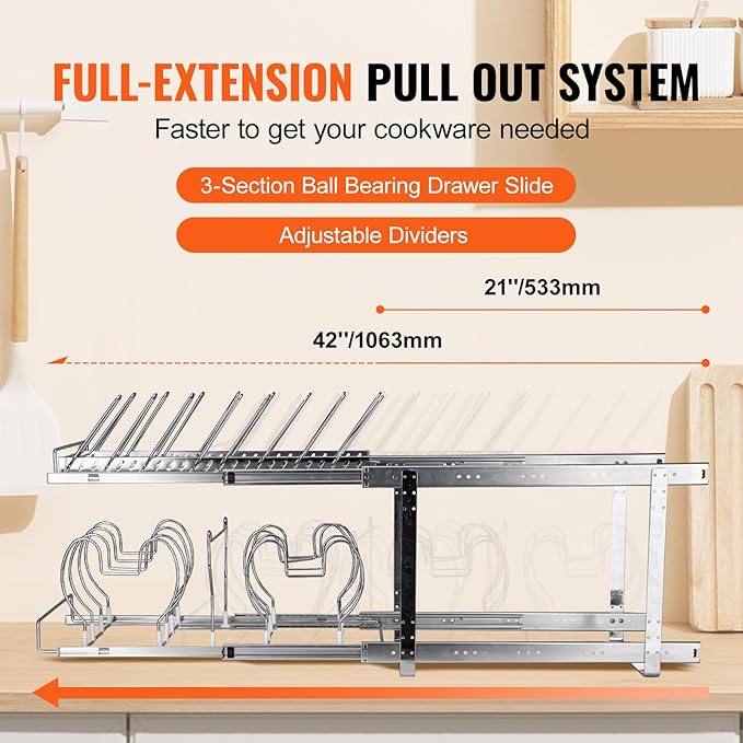 VEVOR Pan and Pot Rack, 2-Tier Expandable Pull Out Under Cabinet Organizer, 12"W, Carbon Steel, Double Tier