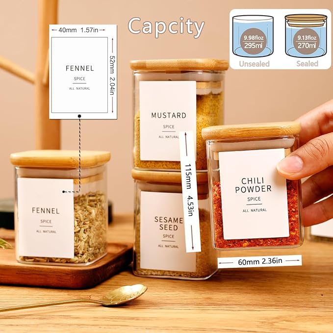 12 Pcs Square Glass Spice Jars with Natural Bamboo Lids - 5oz Airtight Herb Containers with 148 Waterproof Minimalist Spice Labels Preprinted - Empty Small Seasoning Jars for Kitchen Pantry