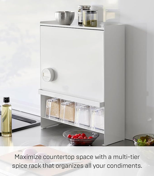 Yamazaki Home Tower Seasoning Condiments Spice Rack With Door, Large Kitchen Multi-Tier Metal Shelves - Steel