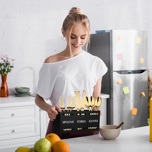 Silverware Caddy Flatware Cutlery Holder Metal Silverware Organizer Containers Black Kitchen Utensil Holder for Countertop Spoon and Fork Holder Flatware Utensils Caddy for Party