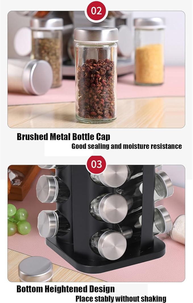 Spice Rack, Spice Rack Organizers for Countertop, Rotating Countertop Spice Rack, Revolving Spice Rack for Kitchen, Kitchen Gadgets, Organizer Rack with Spice Jars (Black, SquareHead_16Jars)