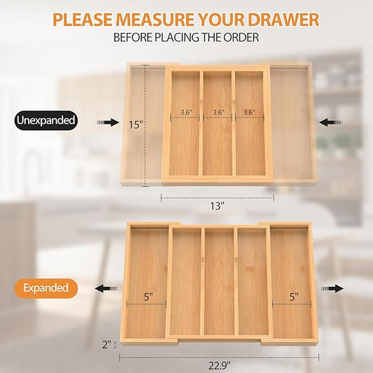 Bamboo Expandable Kitchen Drawer Organizer, 13" to 23" Adjustable Utensils and Cutlery Tray, Wood Drawer Organizer for Silverware Flatware