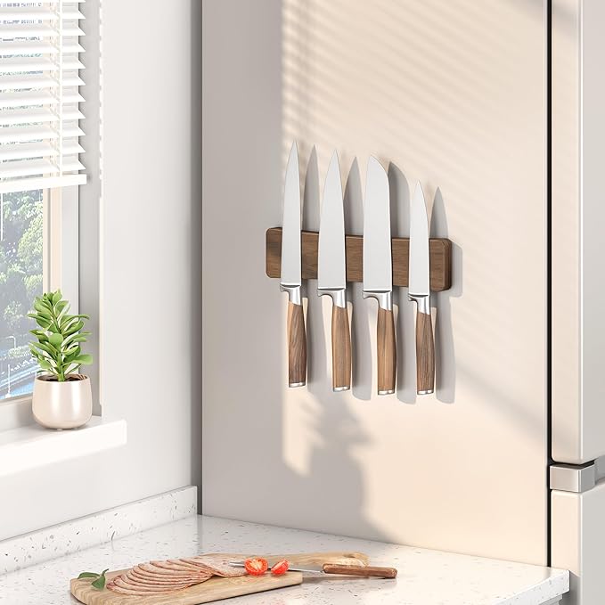 Magnetic Knife Holder for Wall, 10" Acacia Wood No Drill Knife Magnet Strip Use as Tool Key Storage Knife Bar, Powerful Wall Mounted Magnetic Knife Rack for Refrigerator & Kitchen Utensil Organizer