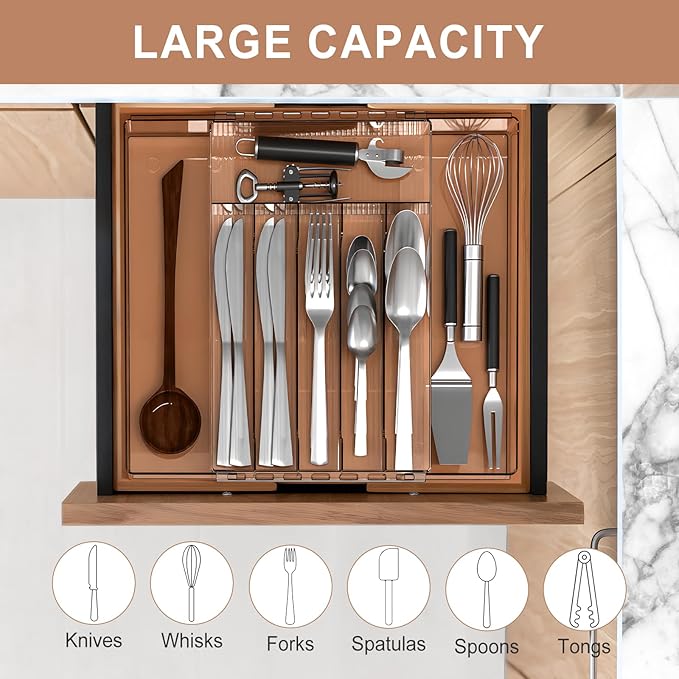 Silverware Drawer Organizer, Expandable Utensil & Cutlery Holder, Adjustable Plastic Tray for Forks&Spoons or Knives with Knife Blocks, Kitchen Storage Solution, Clear