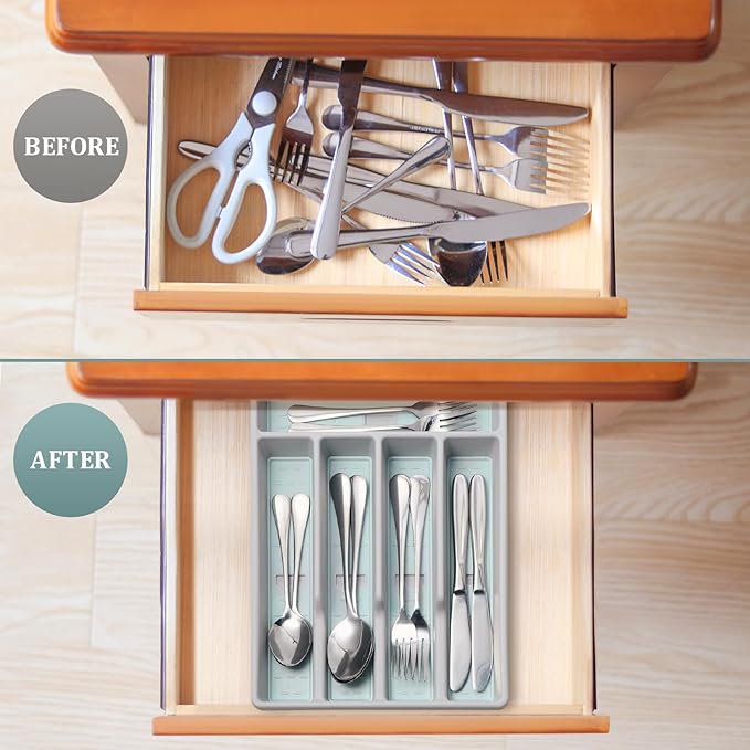 Silverware Organizer with Cutlery Icons，Silverware Tray for Kitchen Drawer，Flatware Tableware Cultery Drawer Organizer Utensil Organizer with Non-slip TPR Linings，Kitchen Organization Essentials