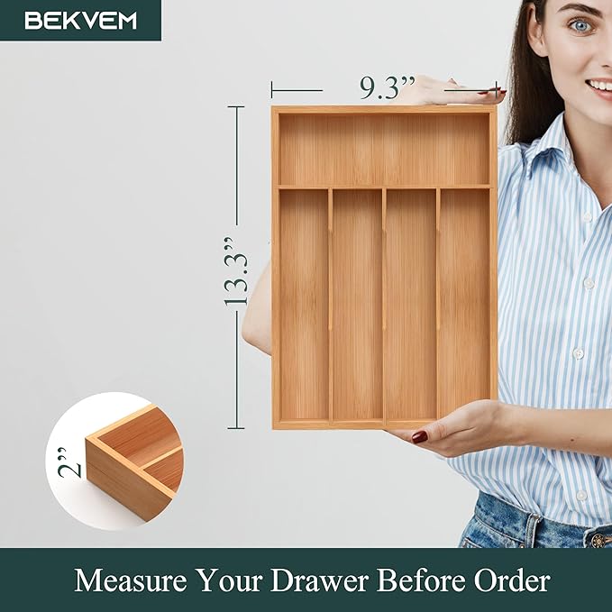 Bamboo Silverware Organizer, Kitchen Drawer Organizer, Utensil Holder, Cutlery Tray & Spoon Flatware Storage with Grooved Drawer Dividers (5 Slots, Natural)