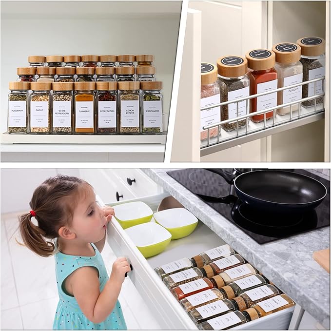 Spice Jars with Label-4oz 15 Pcs，DIMBRAH Glass Spice Jars with Bamboo Lids，Spices Container Set with White Printed Spice Labels，Kitchen Empty Spice Jars