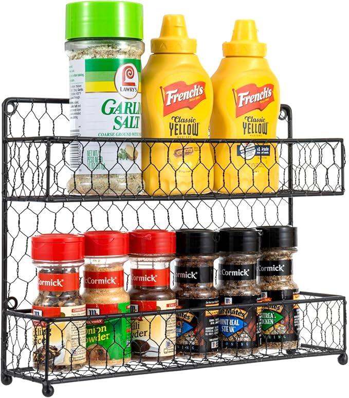 MyGift® Farmhouse Style Metal Wire Spice Rack - Wall Mount or Kitchen Countertop 2-Tier Seasoning Jar Storage Organizer, Black