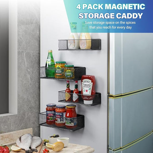 Magnetic Spice Rack for Refrigerator,4 Pack Magnetic Spice Rack for Kitchen Organization，Magnetic Spice Shelf Rack Organizer for Side of Refrigerator Fridge，Kitchen Storage Organizer,Black