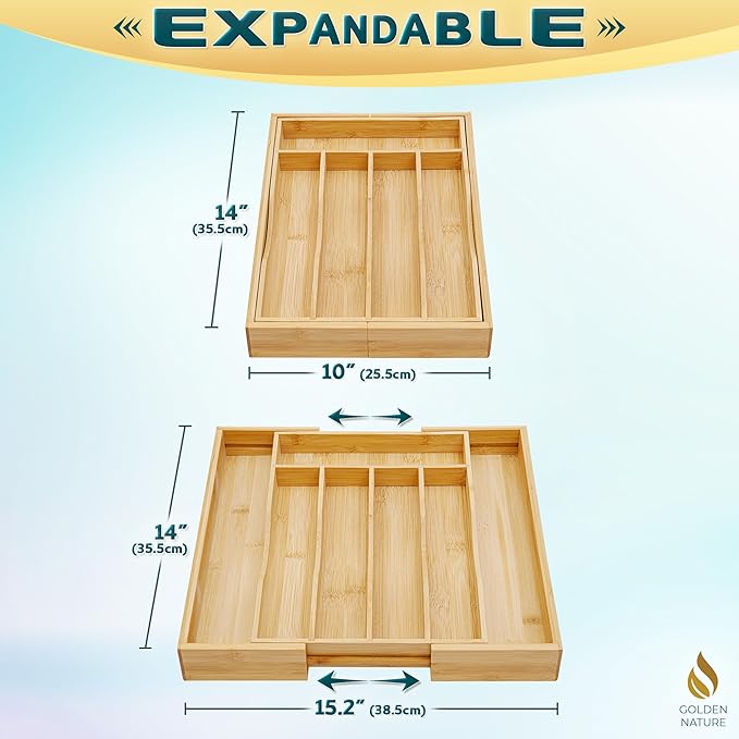 Bamboo Drawer Organizer for Silverware, Utensils, Kitchen Cutlery (14x10 inch Expands to 14x15 inch), Expandable Flatware Holder for Drawers