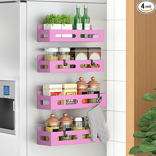4 Pack Magnetic Spice Rack for Refrigerator, Spice Rack Organizer, Moveable Magnetic Shelf Fridge Organizer with 4 Hooks for Kitchen and Oven Organization, Pink