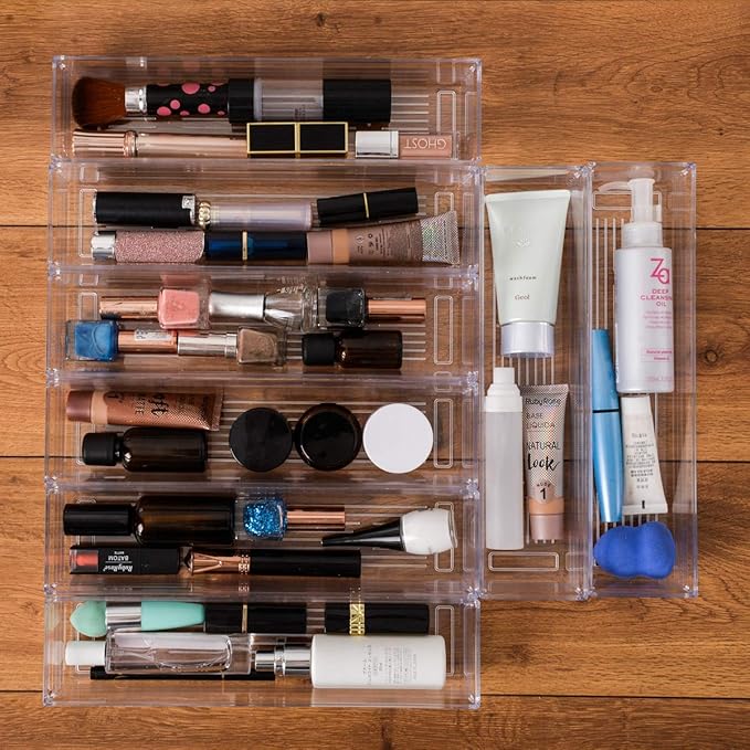 Backerysupply Clear Plastic Drawer Organizer Tray for Vanity Cabinet (12”×3”×2”，Set of 8),Storage Tray for Makeup, Kitchen Utensils, Jewelries, and Gadgets