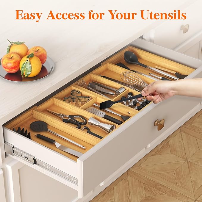 Lifewit Large Utensil Organizer for Kitchen Drawer, Expandable 21.4 to 36 Inches Wide, Adjustable Cooking Silverware Tray, Bamboo Cutlery Flatware Holder, Spatula Tool Gadget Storage Divider, Natural