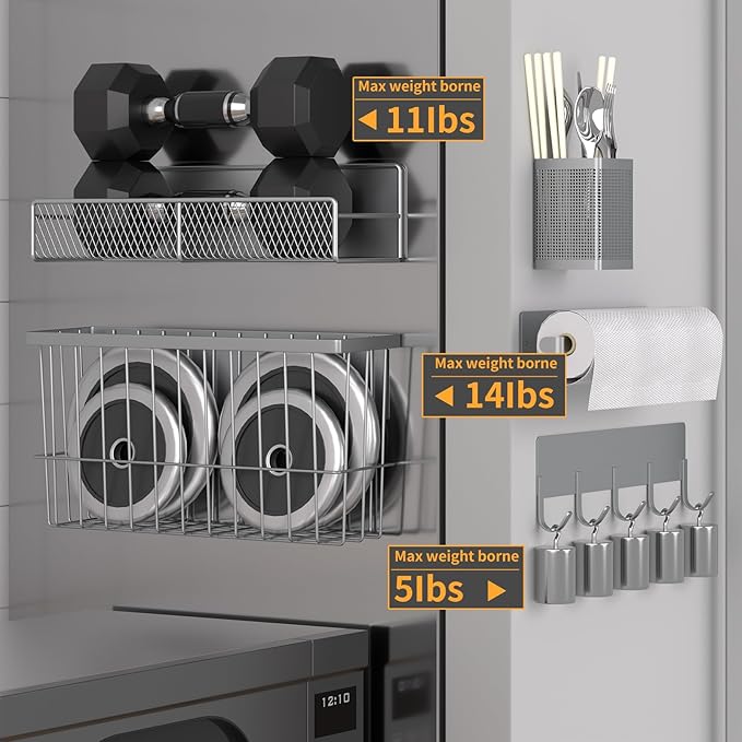 Magnetic Spice Rack for Refrigerator, 7 Pack Metal Magnetic Shelf, Moveable Magnetic Storage Fridge Organizer Grey, Spice Organizer, Hook Rack, Paper Towel Holder, Cutting Board Holder, HM5471