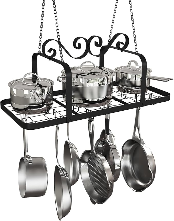 33” Black Pot Rack Hanging, Heavy Duty Metal Ceiling Pot Rack with 15 Hooks, Pot and Pan Hanging Rack Organizer for Kitchen Cookware Utensils