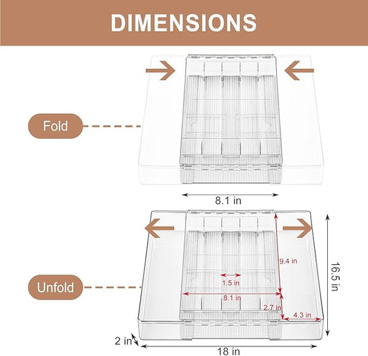 Silverware Drawer Organizer, Expandable Utensil & Cutlery Holder, Adjustable Plastic Tray for Forks&Spoons or Knives with Knife Blocks, Kitchen Storage Solution, Clear