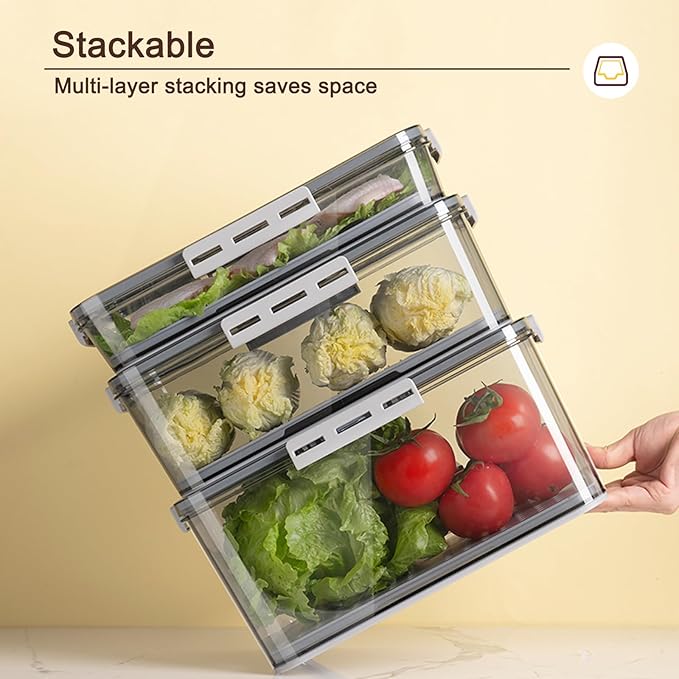 CottonColors Fridge Organizer, Food Storage Containers With Lids for Timer & Drain Board Stackable Refrigerator Organizers and Storage（Tall, Large, 4.5 L）