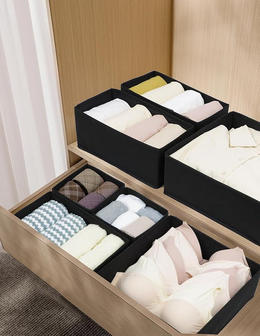 12 Pack Drawer Organizers for Clothing, Foldable Clothes Organizer Underwear, Folded Clothes, Baby Socks, Bra, Towels, Ties - Multi-pack Storage Box (Black)