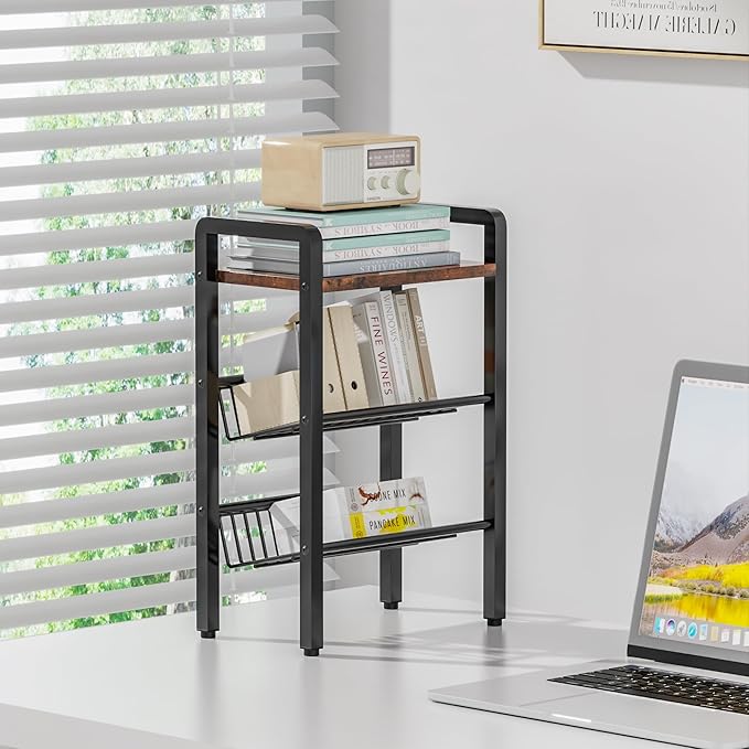3 Tier Kitchen Countertop Organizer-Shelf -Coffee Shelf with Slanted Metal Mesh & Wood Board, Multi-Functional Spice Rack for Coffee, Bar, Office