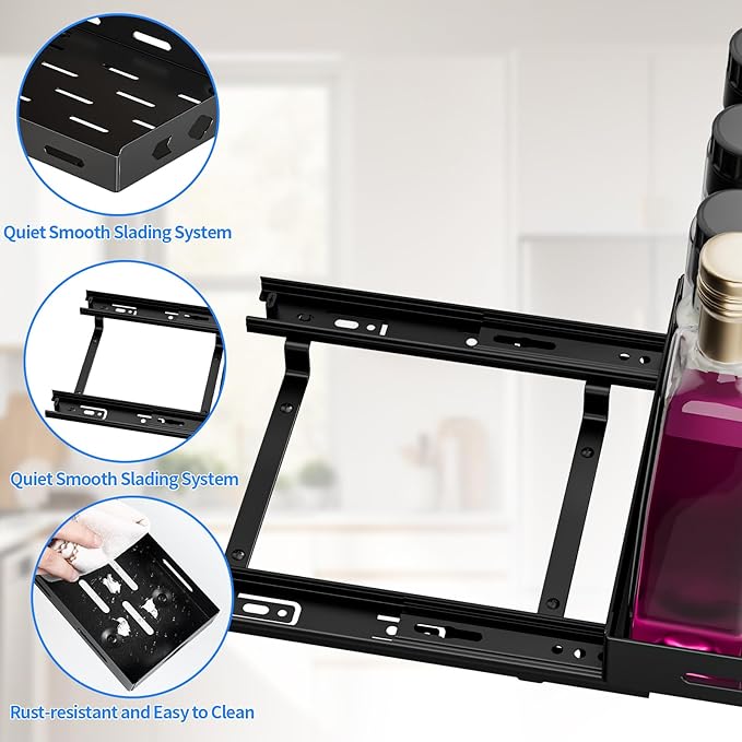 Pull Out Spice Rack Organizer for Cabinet, Heavy Duty-Slide Out Spice Rack, Vertical Spice Rack for Kitchen Cabinet and Pantry (8.4''Wx10.5''Dx2.8''H, Metal Black)