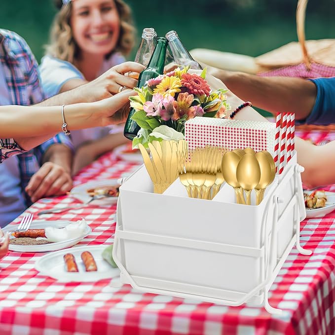 Silverware Caddy Utensil Holder With Handle,Outdoor Silverware Holder Picnic Caddy and Camping Utensil Organizer, Flatware Holder for Party Gatherings, Metal -White