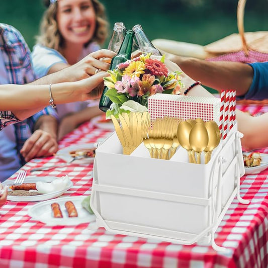 Silverware Caddy Utensil Holder With Handle,Outdoor Silverware Holder Picnic Caddy and Camping Utensil Organizer, Flatware Holder for Party Gatherings, Metal -White