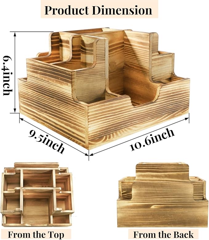 Paper Plate Dispenser, Wood Rustic Utensil Holder Silverware Caddy for Cups Spoons Forks Napkins, Cutlery Flatware Organizer with 9 Compartments for Party, Kitchen Countertop, Camping, Buffet