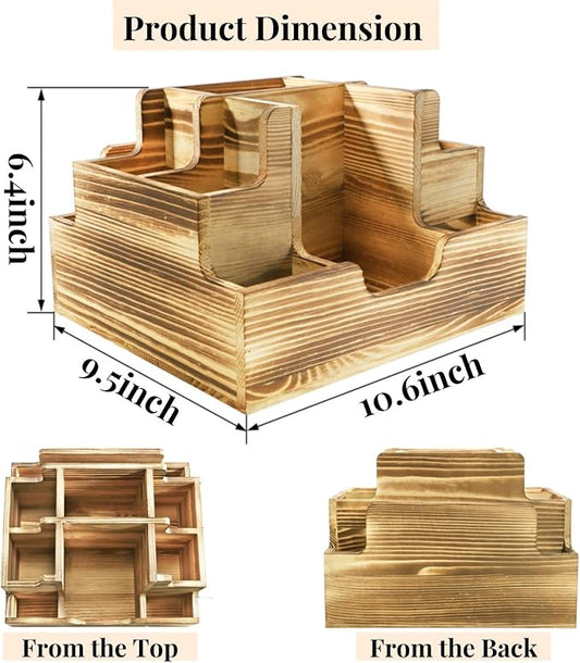 Paper Plate Dispenser, Wood Rustic Utensil Holder Silverware Caddy for Cups Spoons Forks Napkins, Cutlery Flatware Organizer with 9 Compartments for Party, Kitchen Countertop, Camping, Buffet