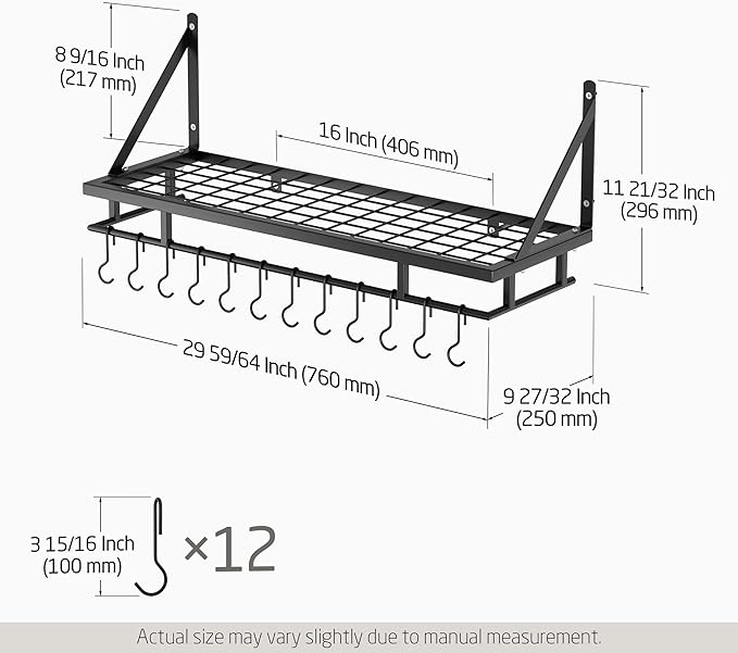 KES 30-Inch Kitchen Pan Pot Rack Wall Mounted Hanging Storage Organizer Wall Shelf with Hooks Matte Black, KUR215S75A-BK