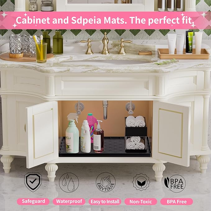 Sdpeia Under Sink Mat for [25" x 22"] Cabinet, Upgraded Silicone Waterproof Mat Kitchen Cabinet Liner Cabinet Protector Kitchen Organizers and Storage