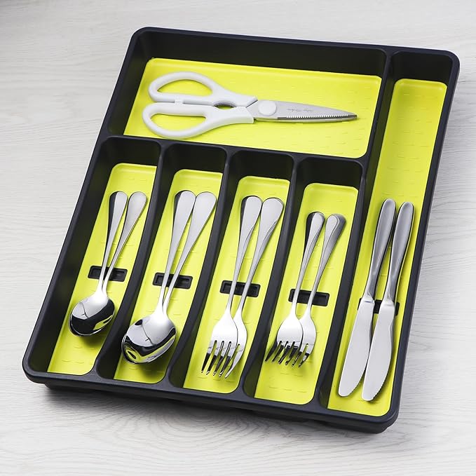 Silverware Organizer with Cutlery Icons，Silverware Tray for Kitchen Drawer，Plastic Flatware Tableware Cultery Drawer Organizer Utensil Organizer with Non-slip TPR Linings，6-Compartment，Yellow