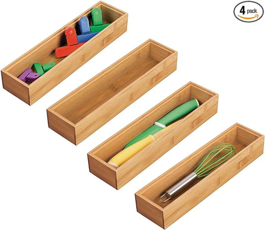 mDesign Drawer Organiser – Rectangular Bamboo Kitchen Drawer Divider – Stackable Drawer Separator for Cutlery and Kitchen Utensils – Set of 4 – Natural