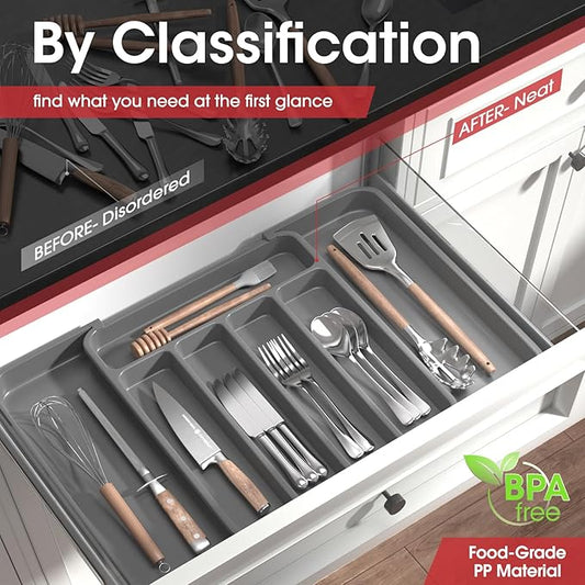 Aujen Expandable Kitchen Drawer Organizer - Adjustable Utensil Organizer, Multipurpose Storage Solution for Forks, Knives, Grey