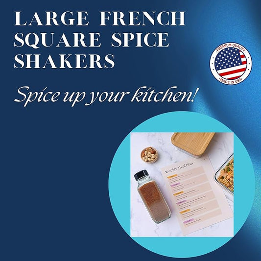 JARMING COLLECTIONS 16 oz Glass French Square Spice Jars with Shaker Lids - Elegant Design for Food Storage and Kitchen Organization - Enhance Your Spice Storage – Made in USA