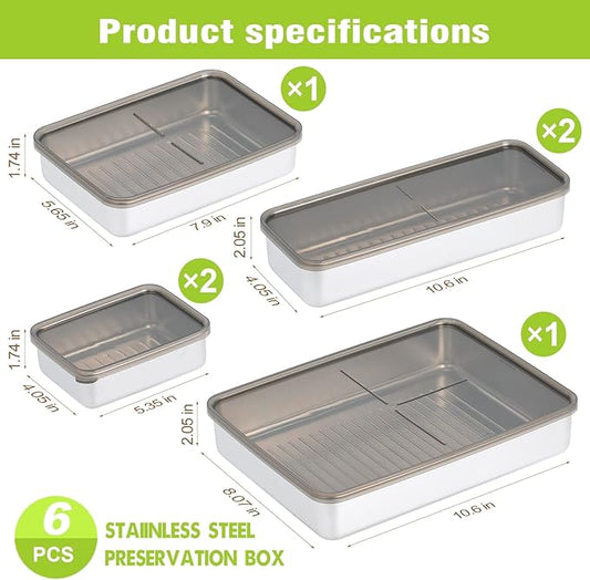Multi size Bacon Cheese Container for Refrigerator,Large 304 Stainless Steel Airtight Deli Meat Storage Container,Kitchen Storage Containers Set for Home, Travel, Work, Party, Leftovers (6)