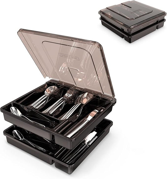 2 Layer Large Silverware Tray with Lid,Stackable utensil organizer for countertop,Removable Tray for Flatware Organizer, Black