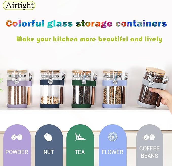 KKC HOME ACCENTS Airtight Clear Glass Coffee Bean Storage Containers with Scoop,Glass Coffee Bean Jar Canister with Bamboo Clamp Lid for Ground Coffee,Loose Leaf Tea, Nut,Sugar,40 Fluid Ounce