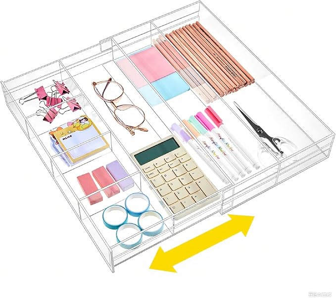 1 Pc Acrylic Desk Drawer Organizer Maximum Expandable Drawer Organizer Trays with 8 Adjustable Compartments Desk Accessories for Makeup Silverware Office Bathroom(Clear,Stylish)