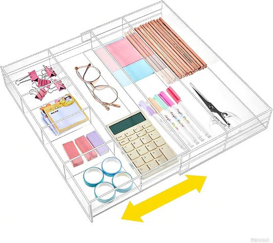 1 Pc Acrylic Desk Drawer Organizer Maximum Expandable Drawer Organizer Trays with 8 Adjustable Compartments Desk Accessories for Makeup Silverware Office Bathroom(Clear,Stylish)