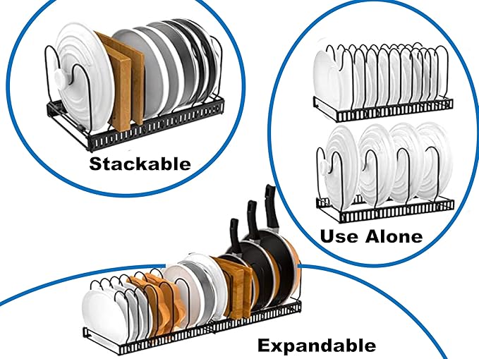 Pot and Pan organizer:Dipped Pan Organizer Rack for Kitchen Cabinet Organizers and Storage with 12 Adjustable Dividers and Anti-scratch Strip,Expandable Pans and Pots Lid Organizer Rack for Cabinet