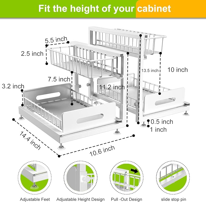 Under Sink Organizer,Pull Out Cabinet Organizer 2 Tier Slide Out Sink Shelf Cabinet Organizer and Storage,Adjustable Metal Under Counter Organizer for Kitchen Bathroom Organization White