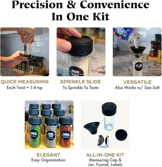 Glass Spice Jars & Measuring Caps Set - Twist Cap Measures 1/4 Tsp Spice Container Keeps Spices Fresh & Organized - 4oz Spice Jars with Lids Includes Labels & Funnel – 1 Pack