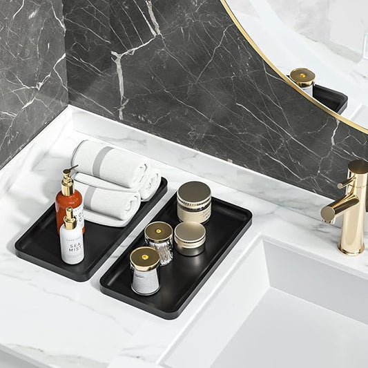 Weenson Bathroom Vanity Trays for Countertop Toiletries Decor Candle Perfume Makeup, Kitchen Tray for Soap Dispenser Spice Salt Oil, Black Tray for Toilet Tank Nightstand Coffee Set of 2