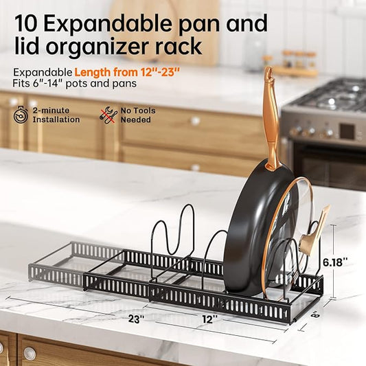MUDEELA Pots and Pans Organizer : Rack for under Cabinet, Expandable Pot Lid Kitchen Cabinet Organizer Holder with 10 Adjustable Compartment, for Cutting Board, Cast-iron Pan, Heavy Cookware
