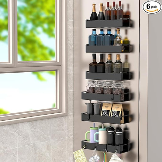 6 Pack Magnetic Spice Rack Organizer for Refrigerator and Oven, Matt Black Fridge Organizers and Storage for Kitchen
