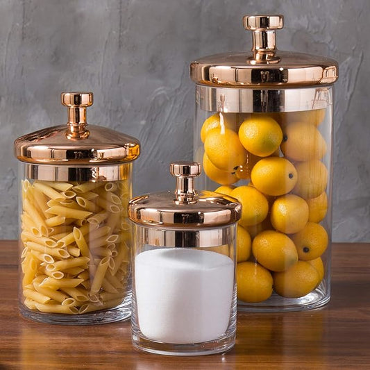 MyGift Glass Apothecary Cookie Jar Set with Copper Lid - Decorative Kitchen and Bath Storage Canisters, Wedding Centerpiece Jars, Candy Buffet with Lids