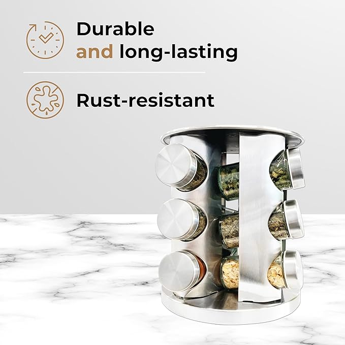 Rotatable Stainless Steel Spice Seasoning Organizer Rack with 12 Glass Jars, Ideal for Storing Spices, Salt, Pepper, Sugar and Dry Ingredients